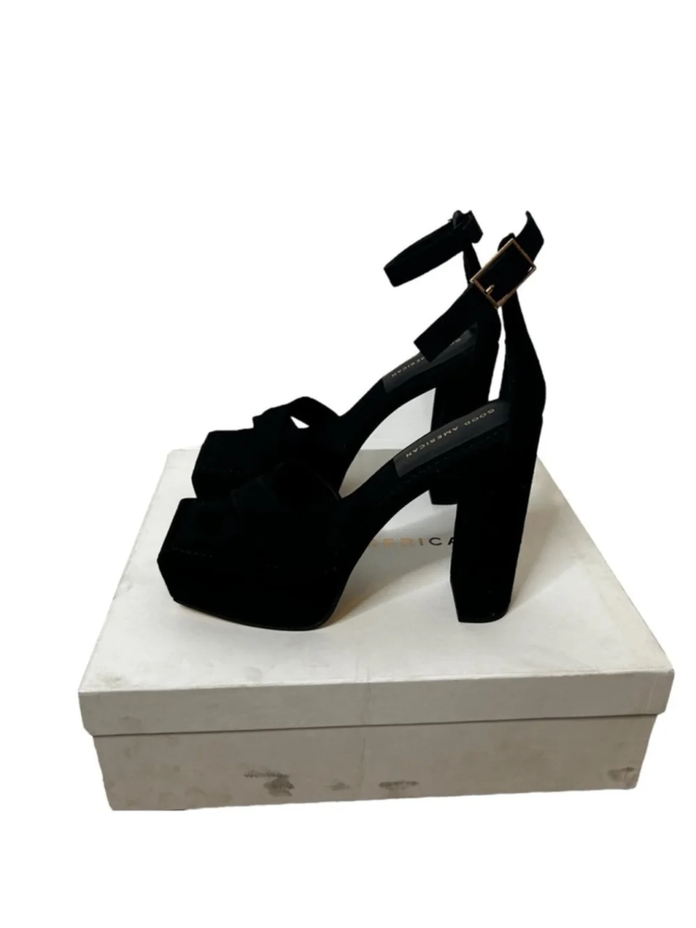 Good American Black Suede Ankle Strap Chunky Platform Sandal Heels Size 9